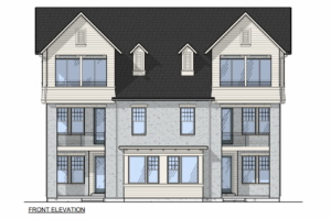 Front elevation drawing of a two-story house with balconies, multiple windows, and a gable roof.